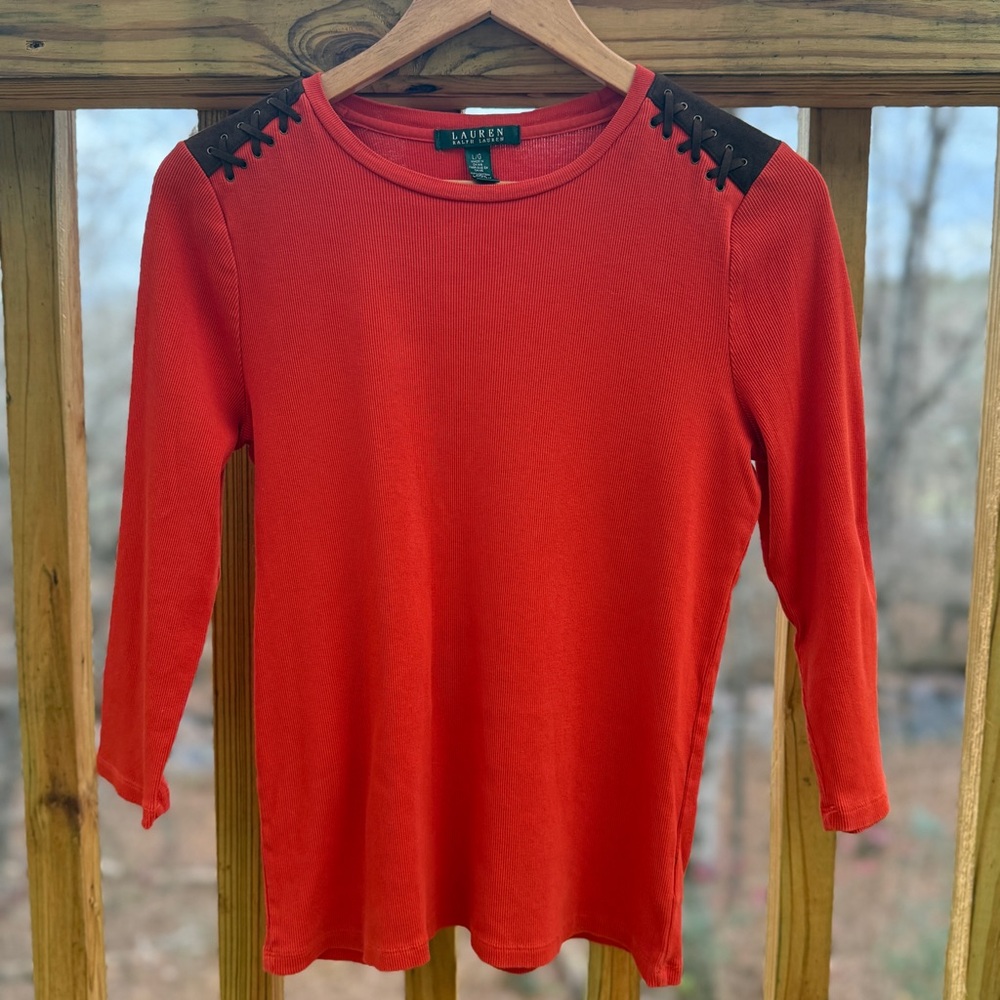 Lauren Ralph Lauren Orange Brown Ribbed 3/4 Sleeve Top Size Large